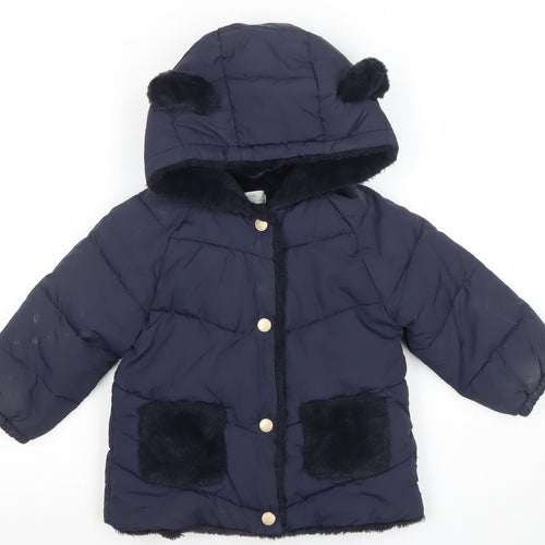 Mango Girls Blue Hooded Faux Fur Trim Puffer Jacket 3 Years