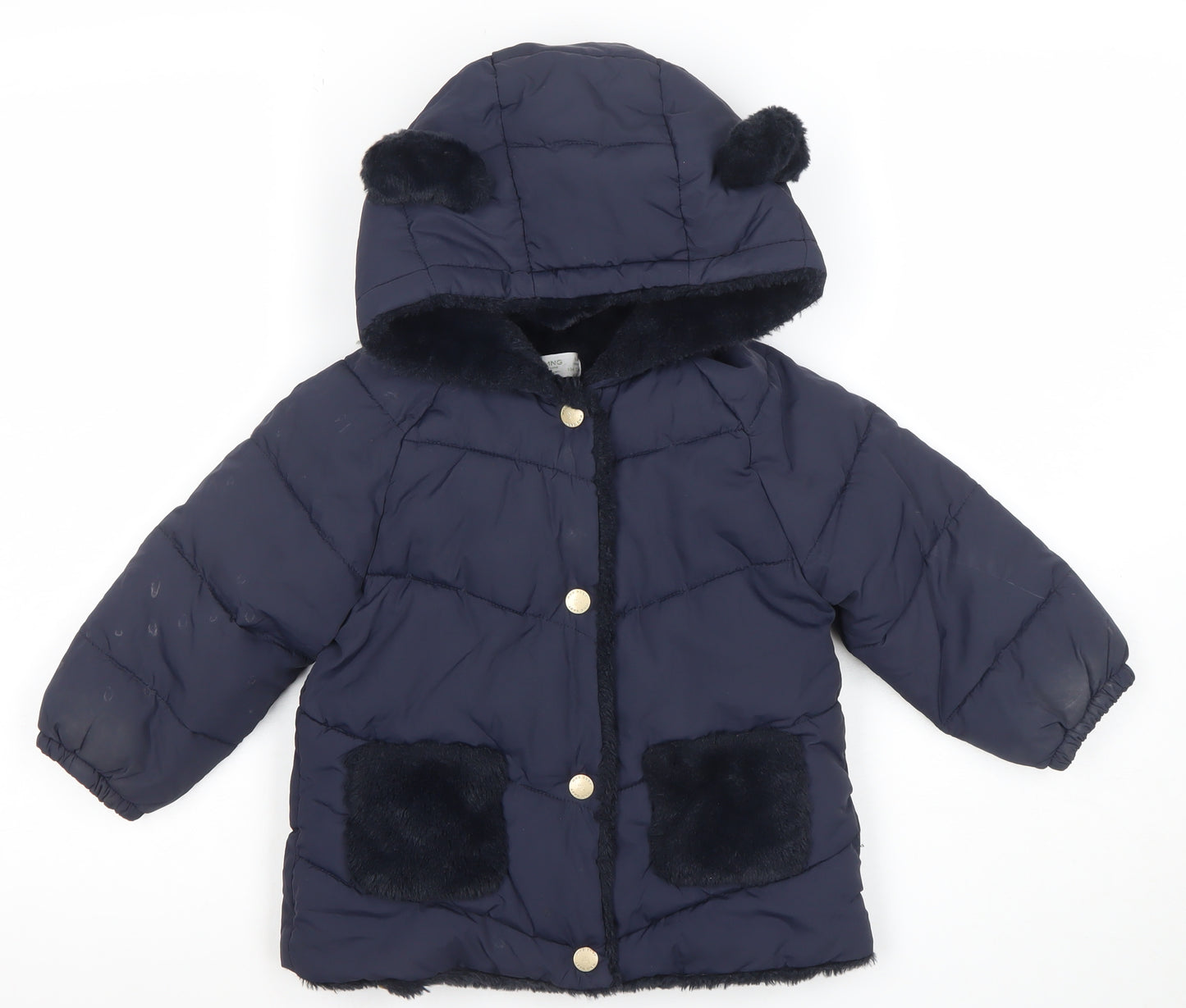 Mango Girls Blue Hooded Faux Fur Trim Puffer Jacket 3 Years