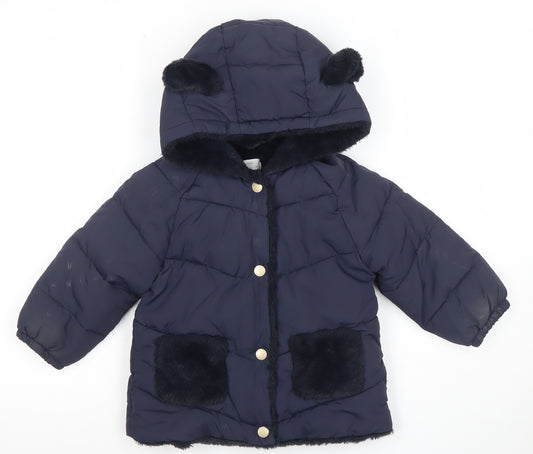Mango Girls Blue Hooded Faux Fur Trim Puffer Jacket 3 Years