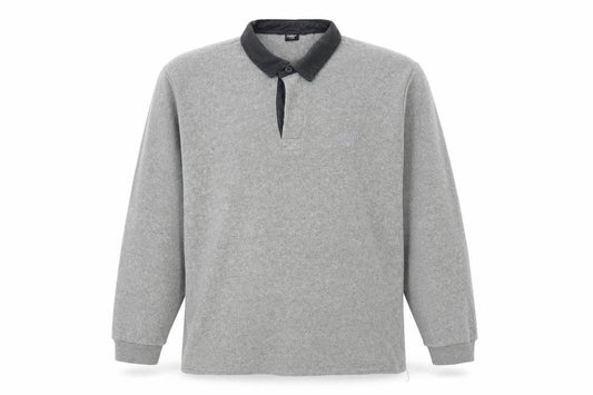 Front view of Cotton Traders Men's Grey Long Sleeve Fleece Polo Shirt, size L