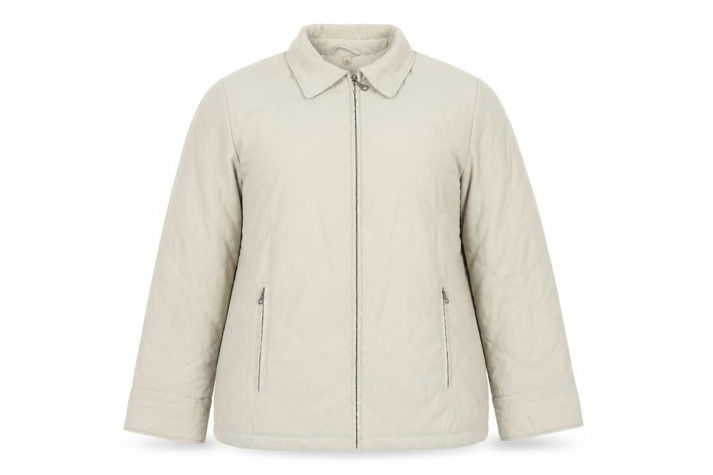 Front view of Nuage at Debenhams women’s beige quilted mid-length jacket, size UK 10