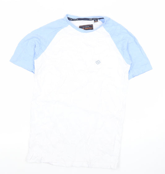 Ted Smith Men's White Blue Short Sleeve Crew Neck Cotton T-Shirt Size S
