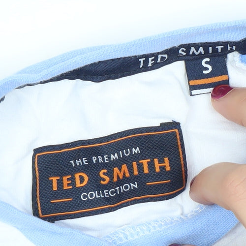 Ted Smith Men's White Blue Short Sleeve Crew Neck Cotton T-Shirt Size S