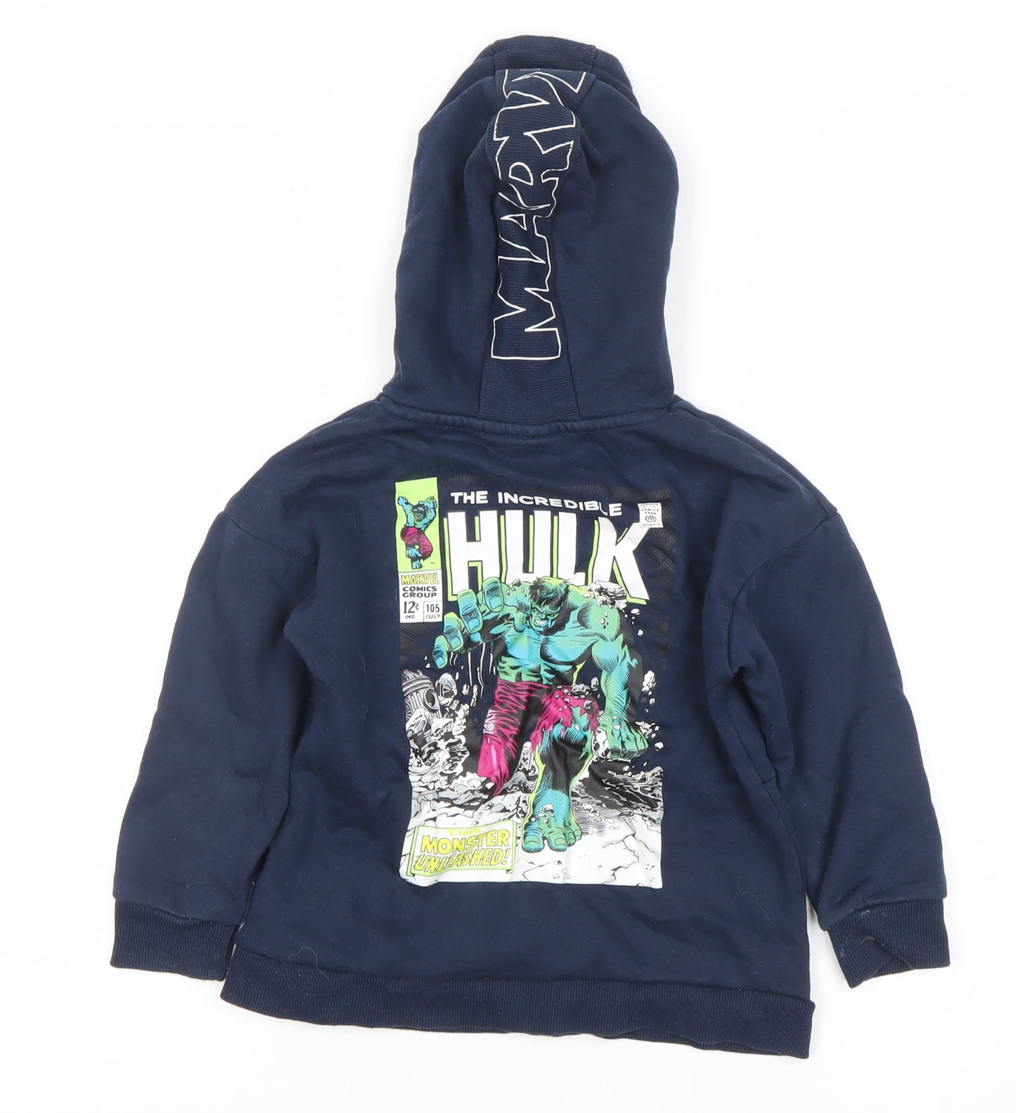 Primark Boys Navy Marvel Hulk Pullover Hoodie 5-6 Years Cotton Blend