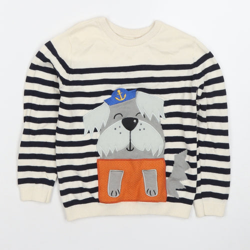 Dunnes Stores Boys Beige Navy Striped Dog Jumper 4-5 Years Cotton Crew Neck