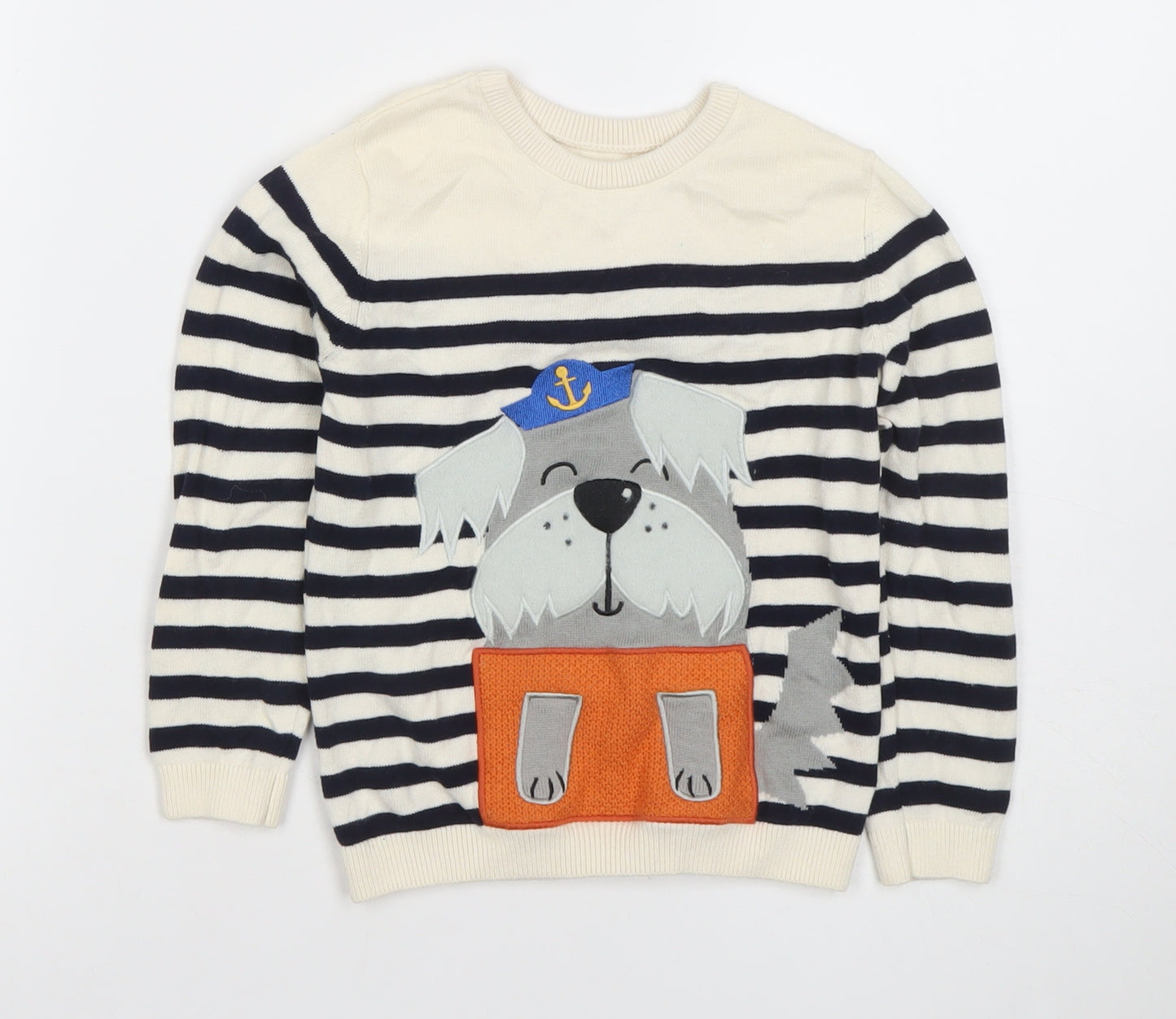 Dunnes Stores Boys Beige Navy Striped Dog Jumper 4-5 Years Cotton Crew Neck
