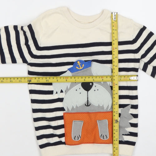 Dunnes Stores Boys Beige Navy Striped Dog Jumper 4-5 Years Cotton Crew Neck