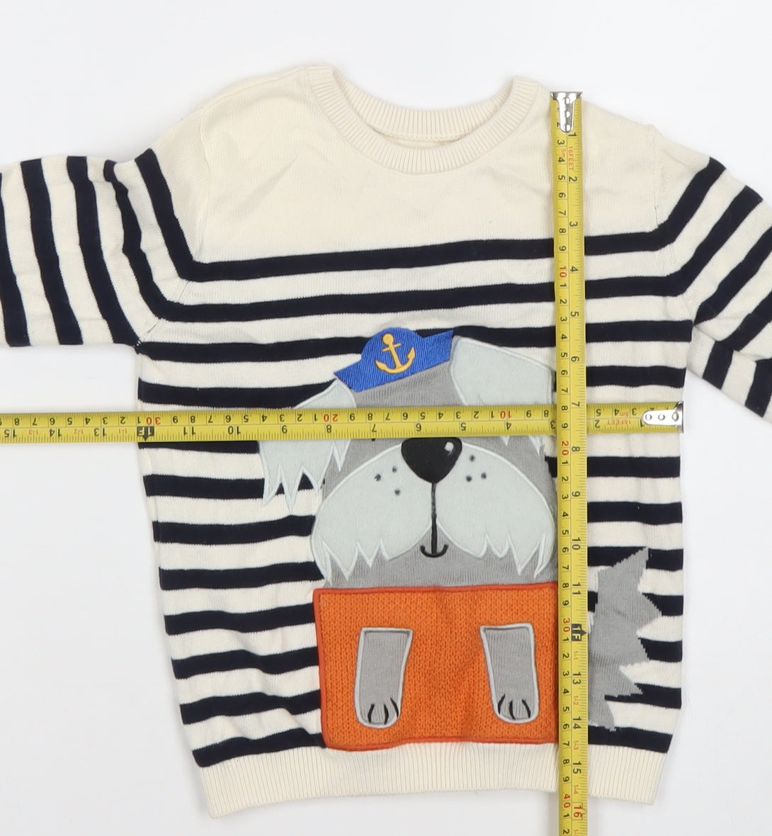 Dunnes Stores Boys Beige Navy Striped Dog Jumper 4-5 Years Cotton Crew Neck