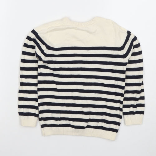 Dunnes Stores Boys Beige Navy Striped Dog Jumper 4-5 Years Cotton Crew Neck