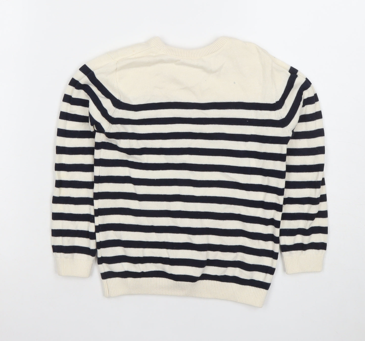 Dunnes Stores Boys Beige Navy Striped Dog Jumper 4-5 Years Cotton Crew Neck