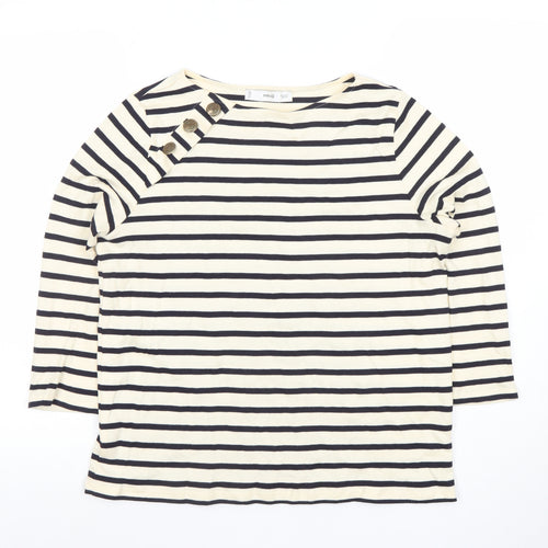 MNG Women's White Striped Boat Neck 3/4 Sleeve Cotton Top S