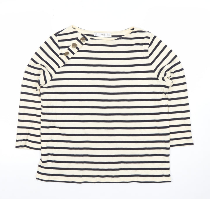 MNG Women's White Striped Boat Neck 3/4 Sleeve Cotton Top S