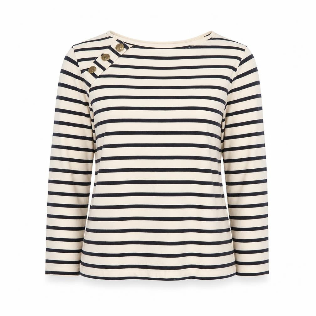 MNG Women's White Striped Boat Neck 3/4 Sleeve Cotton Top S