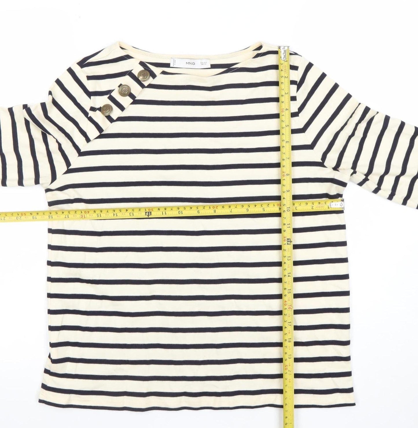 MNG Women's White Striped Boat Neck 3/4 Sleeve Cotton Top S