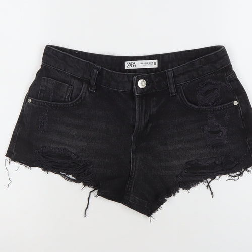 ZARA Women Black Cut-Off Denim Shorts Size XS High Rise