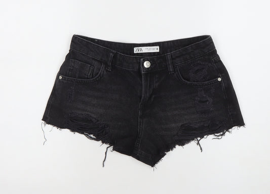 ZARA Women Black Cut-Off Denim Shorts Size XS High Rise