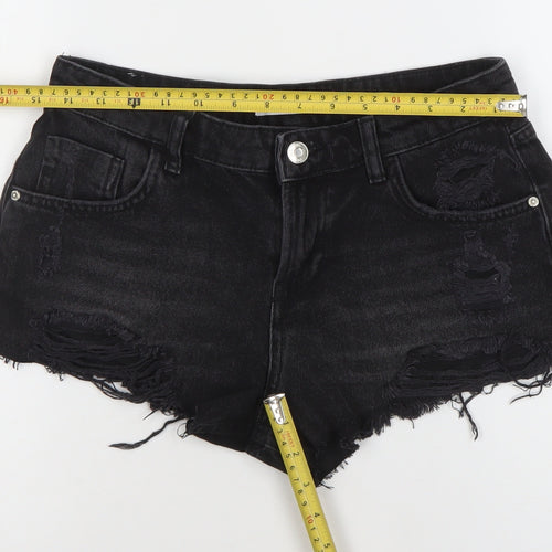 ZARA Women Black Cut-Off Denim Shorts Size XS High Rise