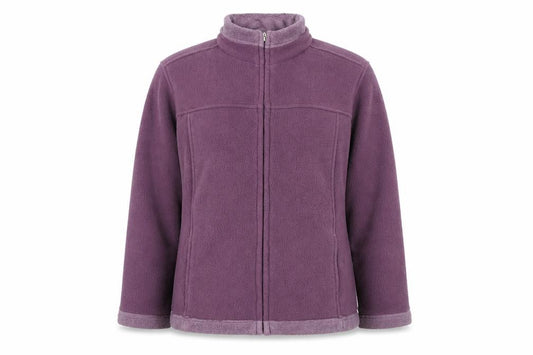 Front view of Tayberry Company women’s purple fleece full zip jacket, size M