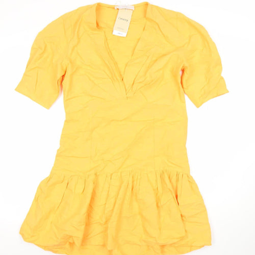Mango Women's Yellow Fit & Flare Puff Sleeve Short Dress Size 8