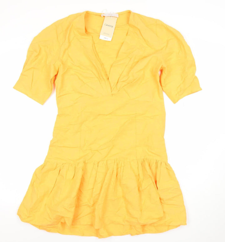 Mango Women's Yellow Fit & Flare Puff Sleeve Short Dress Size 8
