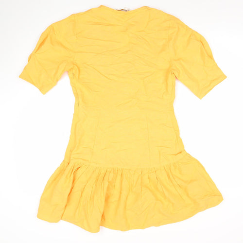 Mango Women's Yellow Fit & Flare Puff Sleeve Short Dress Size 8