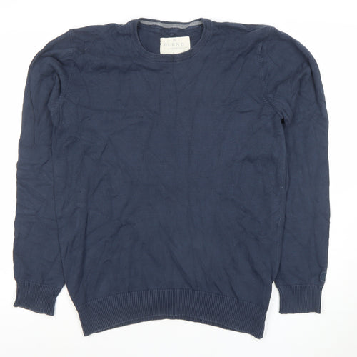 Blend Men's Blue Cotton Crew Neck Long Sleeve Pullover Jumper L