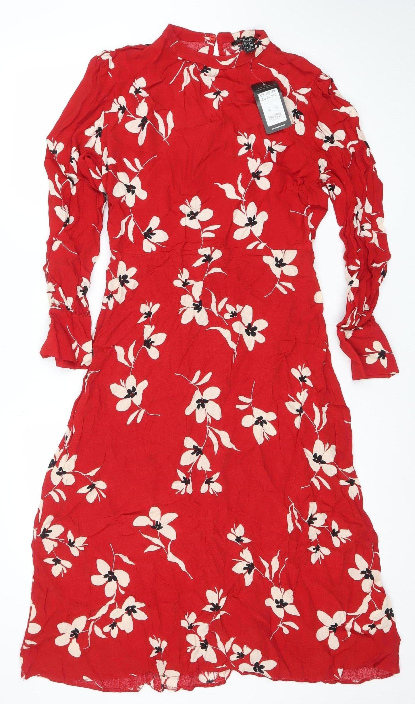 New Look Petite Red Floral A-Line Long Sleeve Women's Dress UK 10