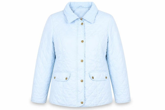 Front view of David Barry Women's Blue Quilted Mid-Length Jacket, size 14