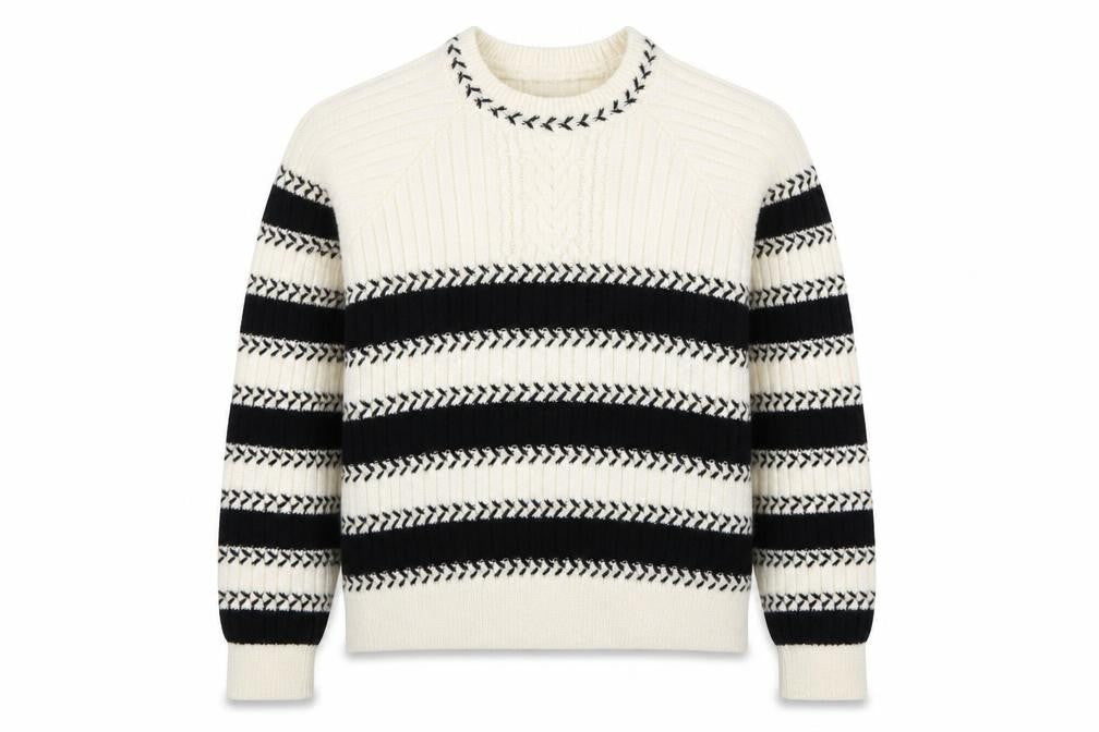Front view of Callery Women's Ivory Striped Wool Alpaca Crew Neck Jumper, size S