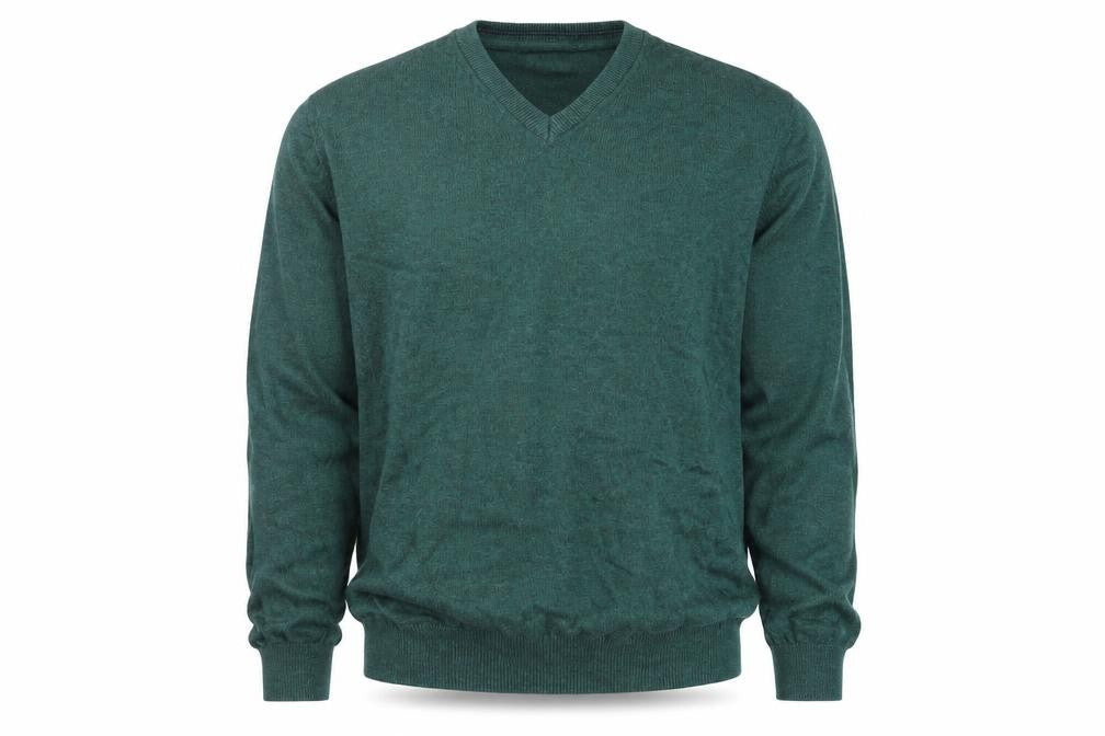Front view of Dunnes Men Green Cotton V-Neck Jumper, size S, Regular Fit