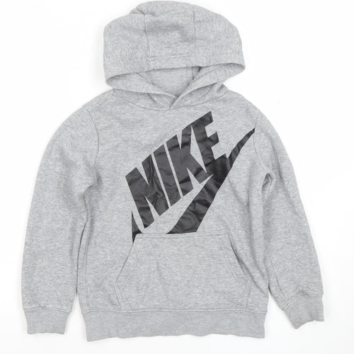 Nike Boys Grey Pullover Hoodie Size M 5-6 Years Cotton Blend Logo Print