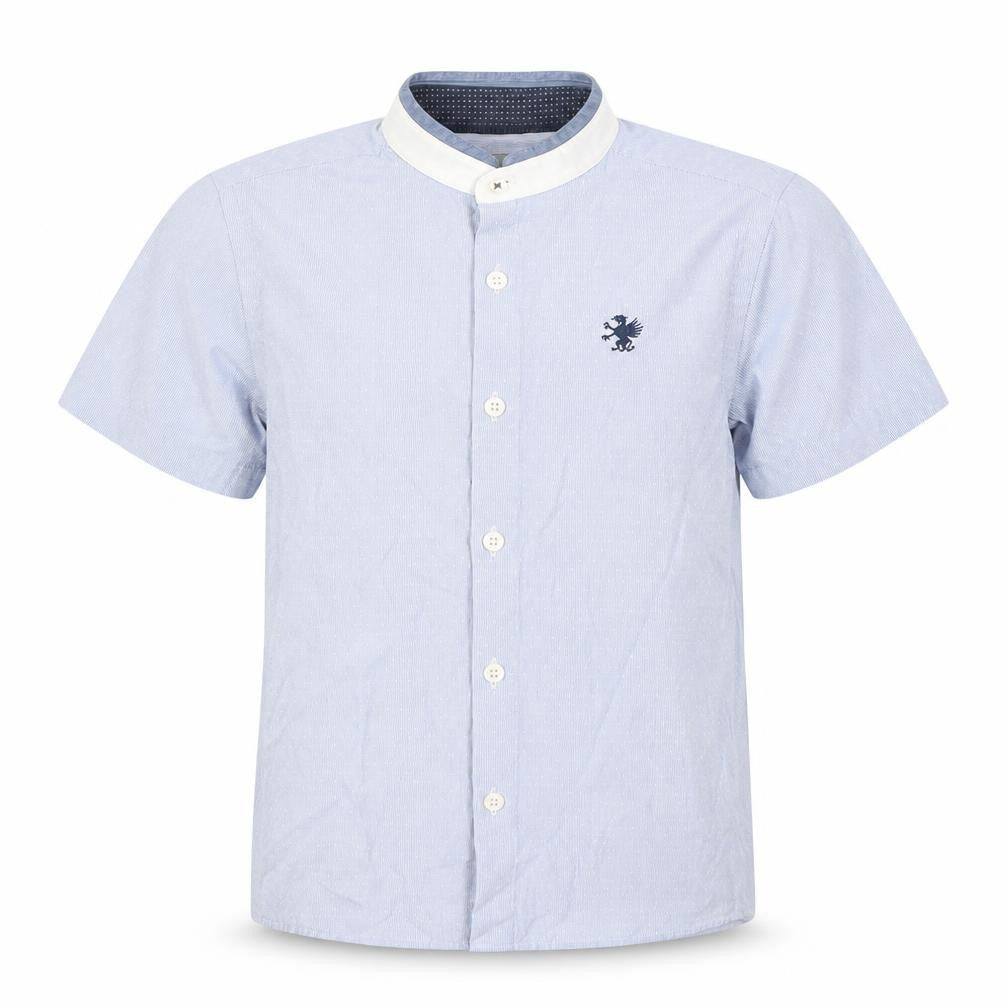 Front view of Next boys’ blue short sleeve button-up shirt 6 years cotton blend