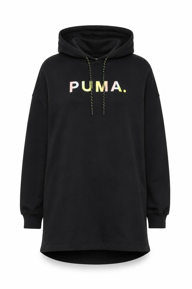 Front view of Puma women’s black xs pullover hoodie with logo print