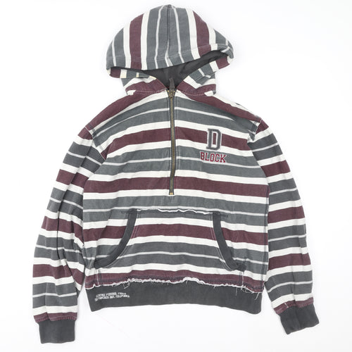 Okey-Kool Women Grey Burgundy Stripe Hoodie Size 16 Half Zip Casual