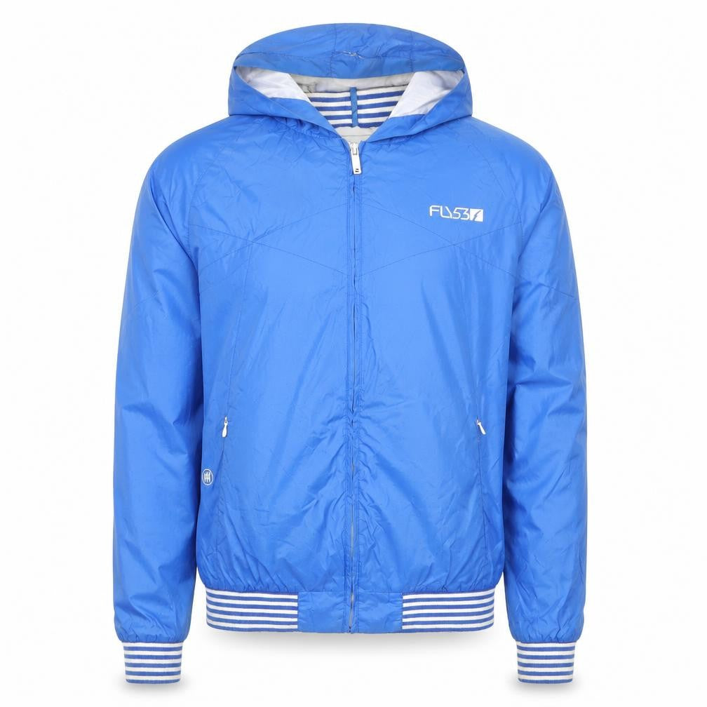 Front view of Fly53 Men's Blue Hooded Windbreaker Jacket, size L