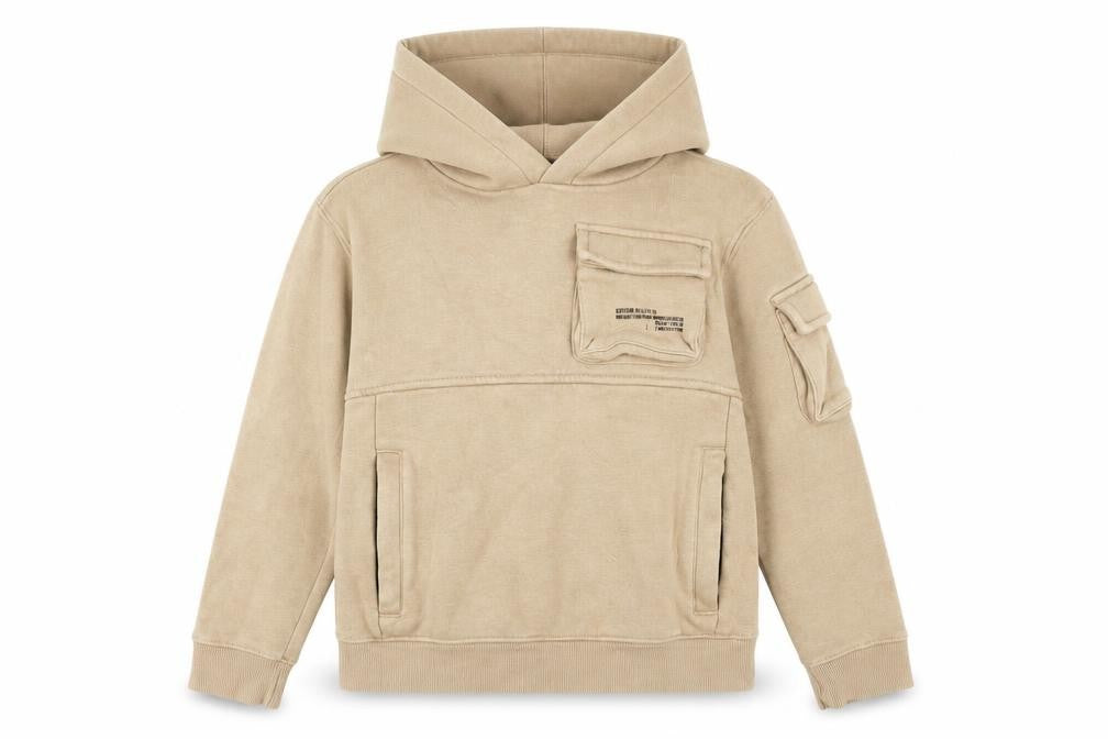 Front view of Next boys’ beige cotton blend pullover hoodie age 7 cargo pocket style