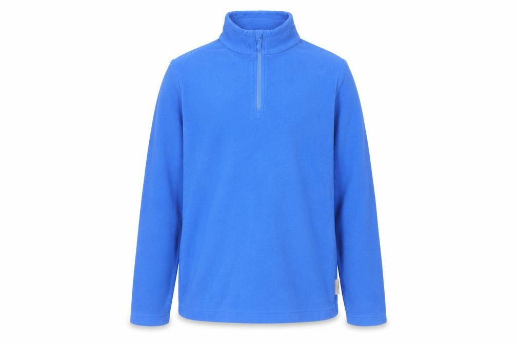 Front view of Quechua boys’ blue fleece 1/4 zip sweatshirt 12 years lightweight pullover