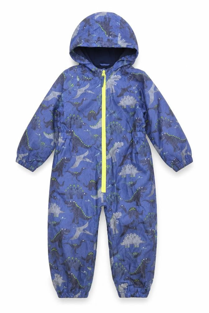 Front view of Bluezoo boys’ blue dinosaur waterproof hooded snowsuit 3 years