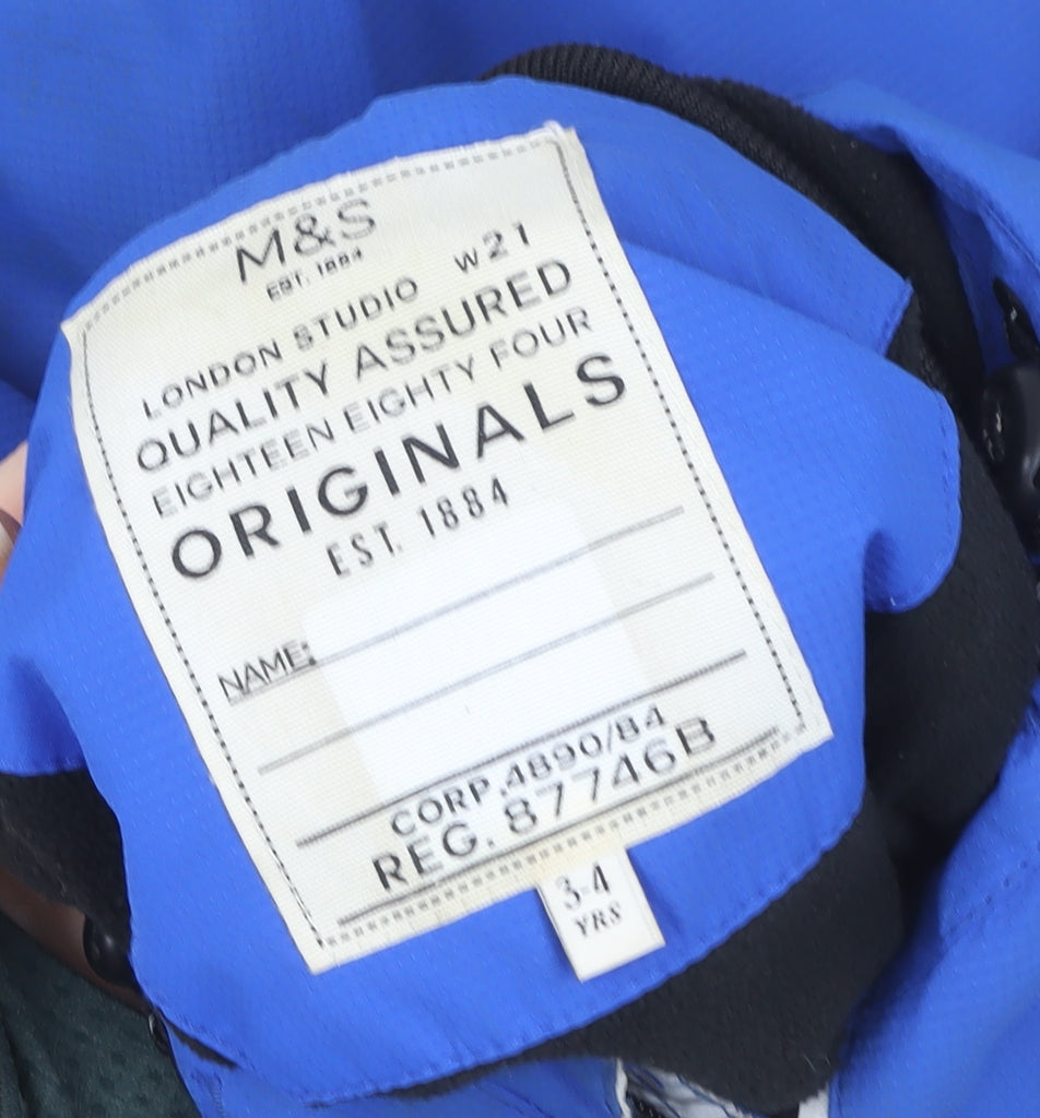 Marks and Spencer Boys Blue Hooded Waterproof Puffer Jacket 3-4 Years