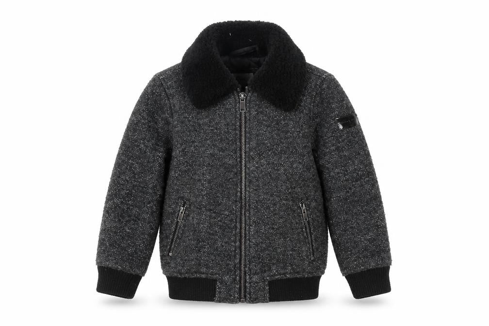 Front view of River Island girls’ grey wool blend bomber jacket 2-3 years lined zip