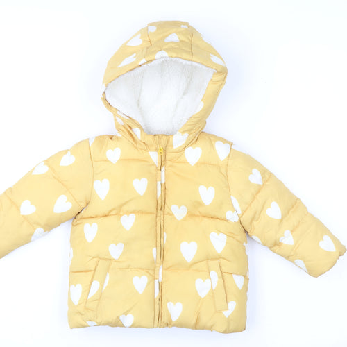F&F Unisex Baby Yellow Heart Puffer Jacket 6-9 Months Hooded Winter Coat