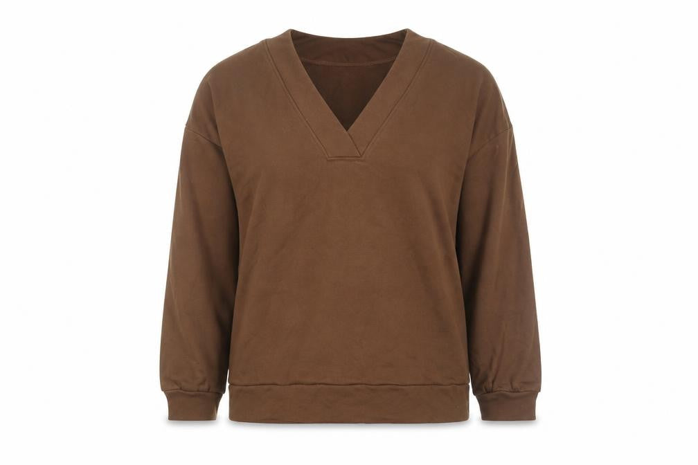 Front view of Ellos Women Brown V-Neck Pullover Sweatshirt, size 16/18, Cotton Blend