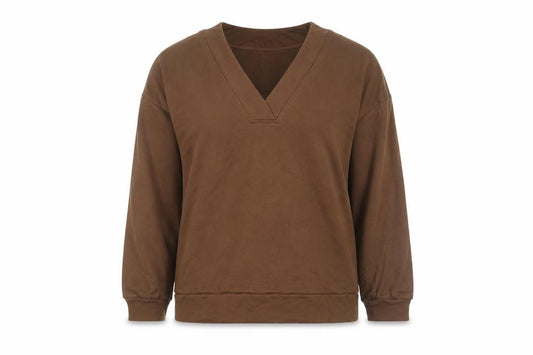 Front view of Ellos Women Brown V-Neck Pullover Sweatshirt, size 16/18, Cotton Blend