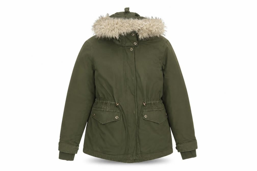 ZARA Women Green Fur Hood Parka Jacket Size S