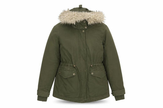 Front view of Zara Women Green Fur Hood Parka Jacket, size S