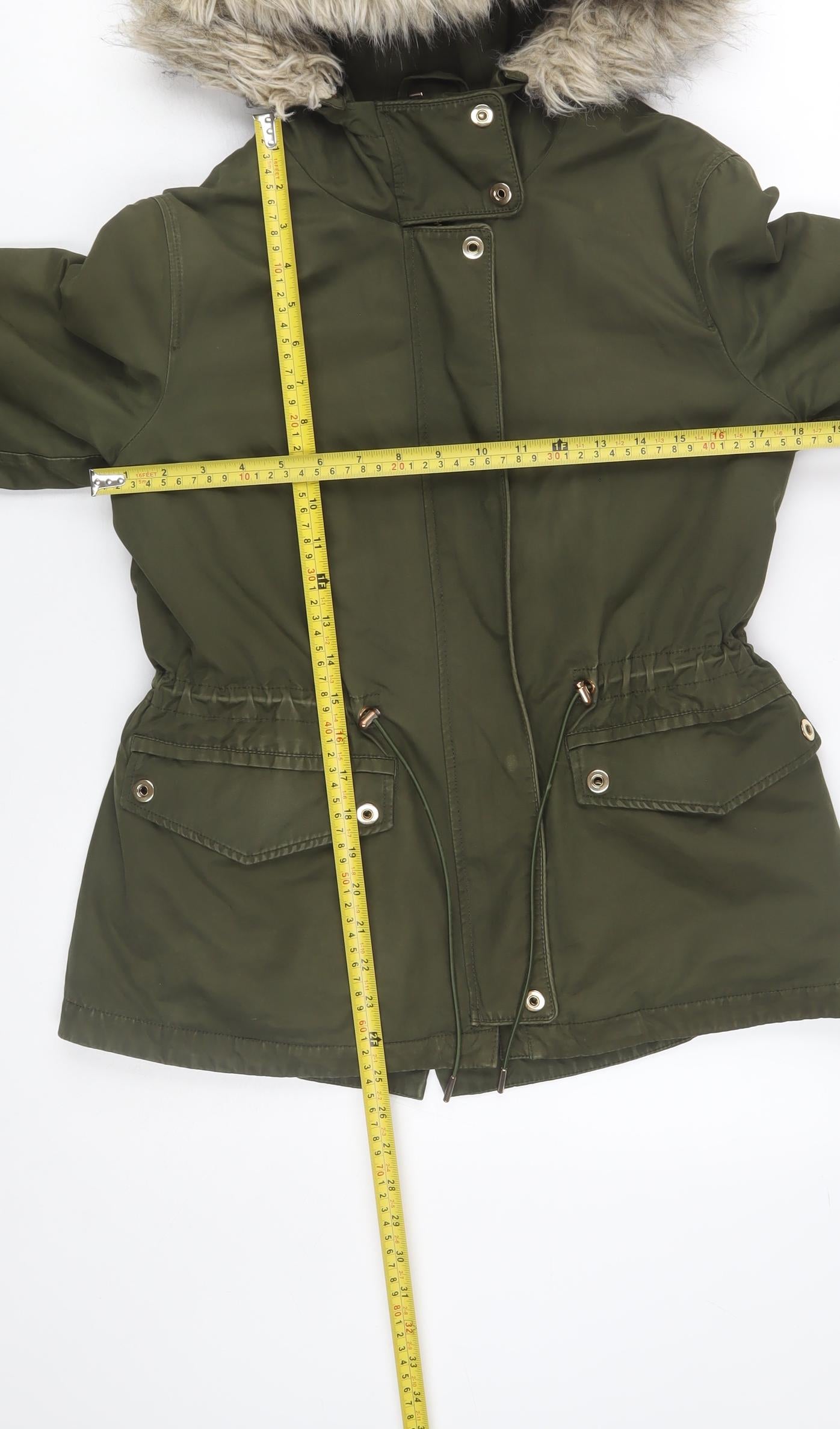 ZARA Women Green Fur Hood Parka Jacket Size S