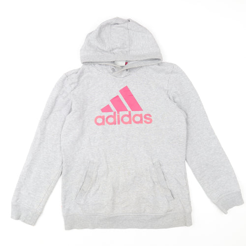 Adidas Women Grey Pink Logo Pullover Hoodie Size 12