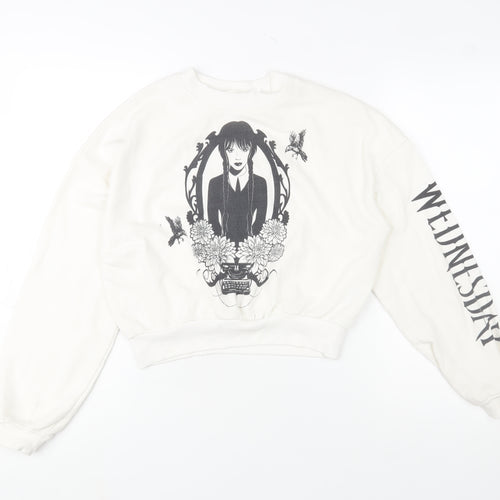 H&M Girls White Wednesday Addams Graphic Pullover Sweatshirt 14 Years