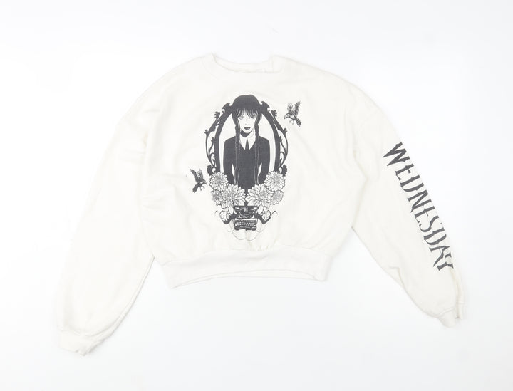 H&M Girls White Wednesday Addams Graphic Pullover Sweatshirt 14 Years