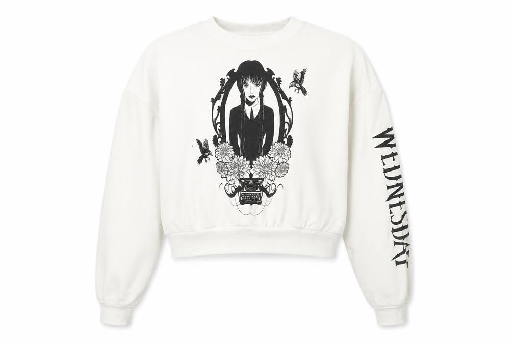 Front view of H&M girls’ white wednesday addams graphic pullover sweatshirt 14 years